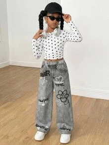 SHEIN 青少年女孩時尚街頭風 Y2K 休閒白色黑波點印花抓皺設計長袖T恤與長褲兩件套 - 彩色 - 查看 4