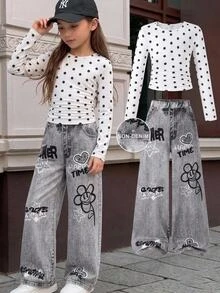 SHEIN 青少年女孩時尚街頭風 Y2K 休閒白色黑波點印花抓皺設計長袖T恤與長褲兩件套 - 彩色 - 查看 2