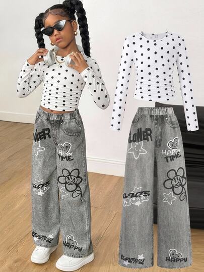 SHEIN Tween Girl Fashion Street Style Y2K Casual White With Black Polka Dot Print Ruched Design Long Sleeve T-Shirt And Long Pants 2 Pieces Set