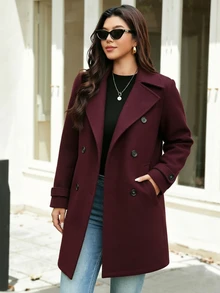 Vionelle Plus Size Vintage Burgundy Double-Breasted Overcoat Women Autumn/Winter Lapel Mid-Length Loose Slimming Commute Overcoat - Burgundy - View 4