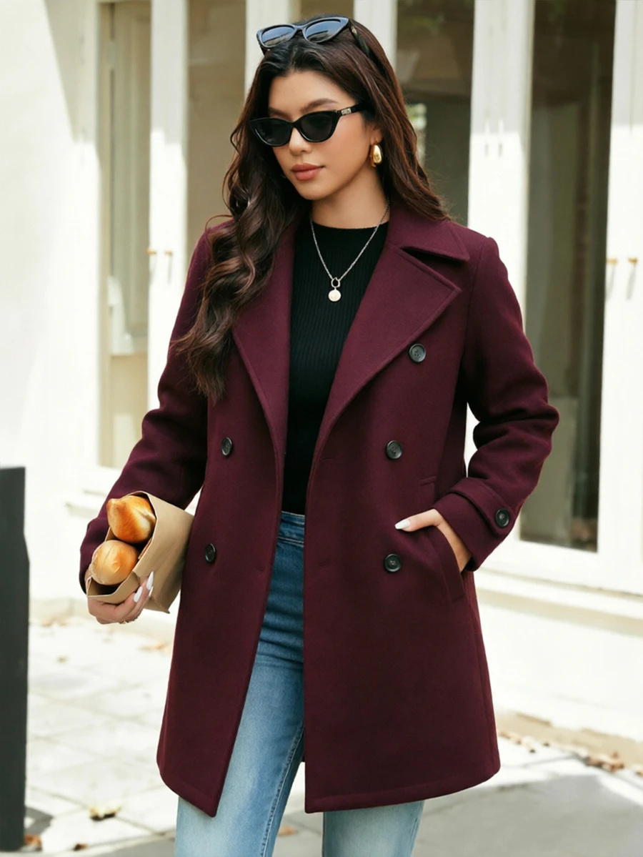 Vionelle Plus Size Vintage Burgundy Double-Breasted Overcoat Women Autumn/Winter Lapel Mid-Length Loose Slimming Commute Overcoat - Burgundy - View 1