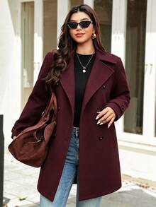 Vionelle Plus Size Vintage Burgundy Double-Breasted Overcoat Women Autumn/Winter Lapel Mid-Length Loose Slimming Commute Overcoat - Burgundy - View 3