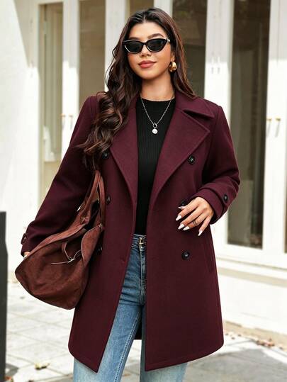Vionelle Plus Size Vintage Burgundy Double-Breasted Overcoat Women Autumn/Winter Lapel Mid-Length Loose Slimming Commute Overcoat