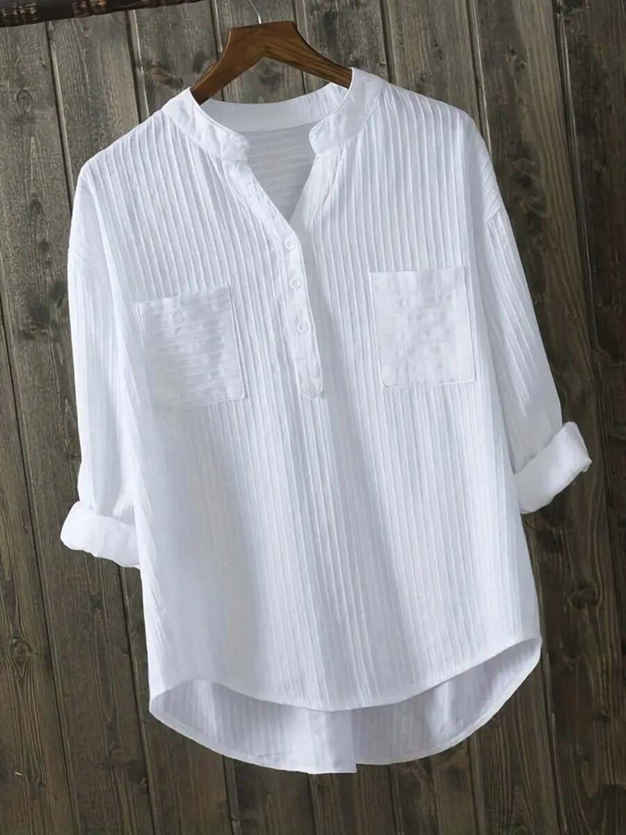 Franclia Women's Solid Color Asymmetrical Hem Shirt With Notched Collar And Double Pockets,Long Sleeve Tops Fall Cloth For Women - White - View 1