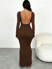 INAWLY Women's Solid Color Backless Round Neck Long Sleeve Dress Fall Cloth For Women - Coffee - View 5