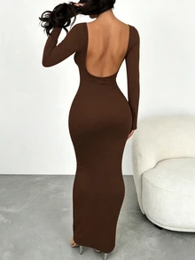 INAWLY Women's Solid Color Backless Round Neck Long Sleeve Dress Fall Cloth For Women - Coffee - View 4