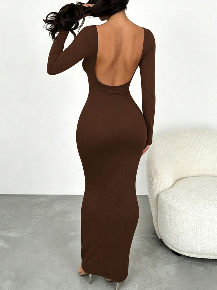 INAWLY Women's Solid Color Backless Round Neck Long Sleeve Dress Fall Cloth For Women - Coffee - View 4
