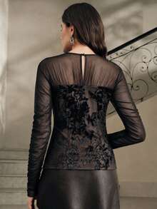Anewsta Modern Avant-Garde Versatile Commute Flocked Floral Round Neck Long Sleeve Women's Top - Black - View 6