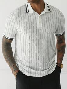 HUEFORM Men's Old Money  Textured Knit Polo Shirt ,Black And White Color-Blocked Collar; Suitable For Both Casual Outings And Business Occasions. - White - View 6