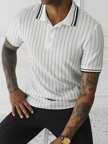 HUEFORM Men's Old Money  Textured Knit Polo Shirt ,Black And White Color-Blocked Collar; Suitable For Both Casual Outings And Business Occasions. - White - View 5