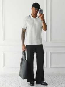 HUEFORM Men's Old Money  Textured Knit Polo Shirt ,Black And White Color-Blocked Collar; Suitable For Both Casual Outings And Business Occasions. - White - View 2