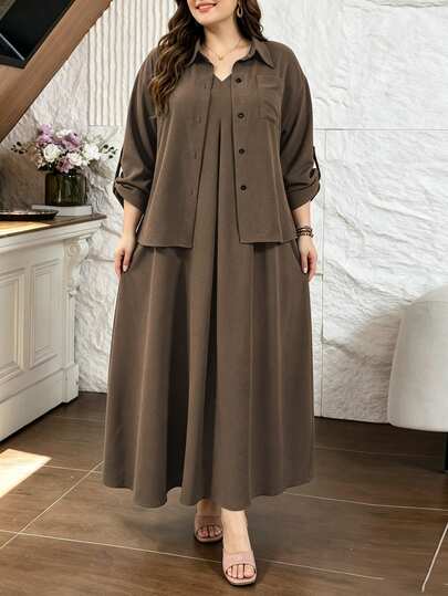 Lacomfia Olive Green 2 Pieces Set Shirt And Sleeveless Dress, Loose Comfortable Minimalist Casual Everyday Versatile Plus Size