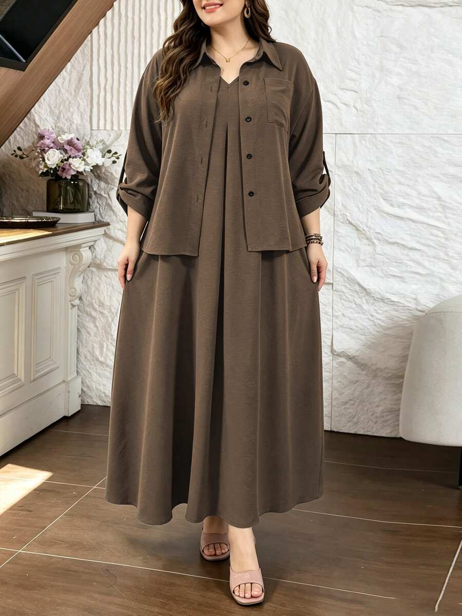 Lacomfia Setelan 2 Potong Warna Hijau Zaitun: Kemeja dan Gaun Tanpa Lengan, Longgar, Nyaman, Minimalis, Kasual, Serbaguna untuk Sehari-hari, Ukuran Plus - Rust Brown - View 1