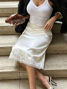 Cévolie Women's Elegant French Style Satin Patchwork Lace Skirt Apricot - Apricot - View 5