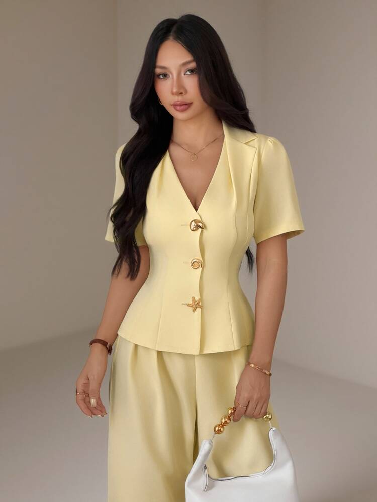 SHEIN PETITE Setelan Jas Kuning Elegan dan Minimalis dengan Sabuk Pinggang - Sempurna untuk Pakaian Kerja Wanita Bertubuh Mungil. - Kuning - View 3