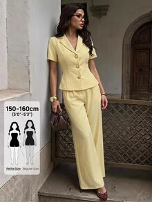 SHEIN PETITE 優雅簡約黃色套裝，腰部配腰帶，適合嬌小女性的職場穿搭 - 黃色 - 查看 5