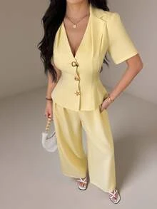 SHEIN PETITE 優雅簡約黃色套裝，腰部配腰帶，適合嬌小女性的職場穿搭 - 黃色 - 查看 9