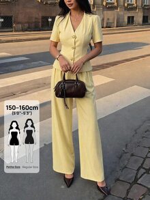 SHEIN PETITE 優雅簡約黃色套裝，腰部配腰帶，適合嬌小女性的職場穿搭 - 黃色 - 查看 1
