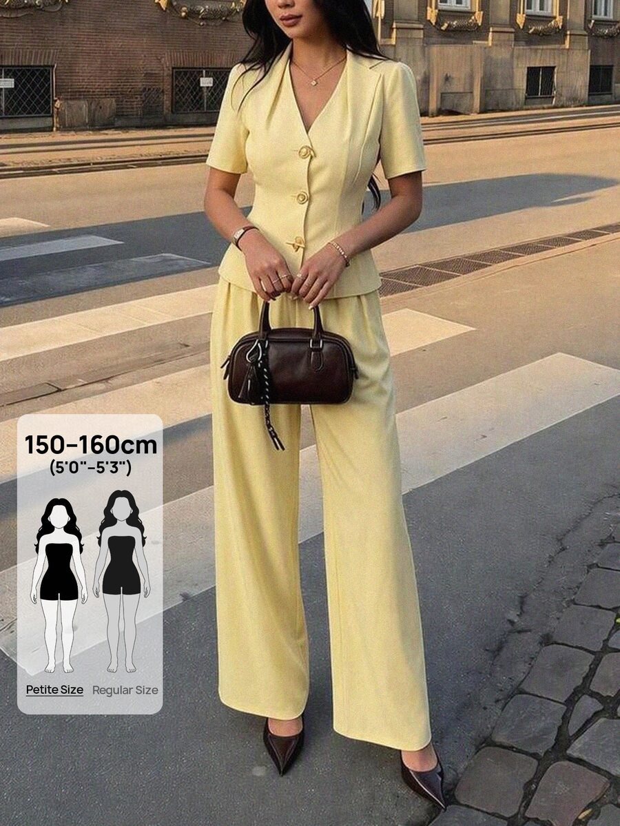 SHEIN PETITE 優雅簡約黃色套裝,腰部配腰帶,適合嬌小女性的職場穿搭 - 黃色 - 查看 1