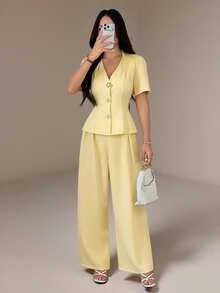 SHEIN PETITE 優雅簡約黃色套裝，腰部配腰帶，適合嬌小女性的職場穿搭 - 黃色 - 查看 8