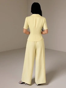 SHEIN PETITE 優雅簡約黃色套裝，腰部配腰帶，適合嬌小女性的職場穿搭 - 黃色 - 查看 2