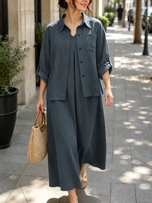 Lacomfia Army Green 2 Pieces Set Shirt And Sleeveless Dress, Loose Comfortable Minimalist Casual Everyday Versatile Plus Size - Dusty Blue - View 6
