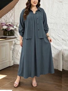 Lacomfia Army Green 2 Pieces Set Shirt And Sleeveless Dress, Loose Comfortable Minimalist Casual Everyday Versatile Plus Size - Dusty Blue - View 5
