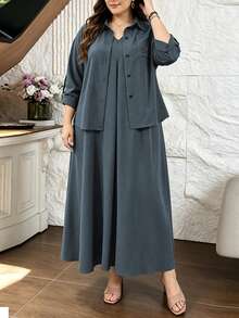 Lacomfia Army Green 2 Pieces Set Shirt And Sleeveless Dress, Loose Comfortable Minimalist Casual Everyday Versatile Plus Size - Dusty Blue - View 3