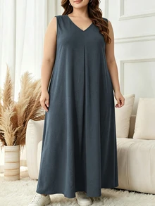 Lacomfia Army Green 2 Pieces Set Shirt And Sleeveless Dress, Loose Comfortable Minimalist Casual Everyday Versatile Plus Size - Dusty Blue - View 4