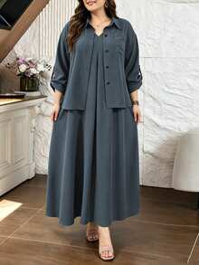 Lacomfia Army Green 2 Pieces Set Shirt And Sleeveless Dress, Loose Comfortable Minimalist Casual Everyday Versatile Plus Size - Dusty Blue - View 1
