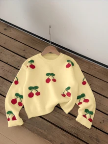 SHEIN Genkimix Kids Sweater Pullover Motif Ceri Manis Kasual Modis untuk Anak Perempuan - Kuning - View 6