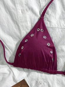 Oceva Women's Eyelet Decor Halter Tie Bikini Top, Suitable For Summer Vacation Beach Club Dark Purple Sexy - Red Violet - View 5