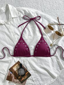 Oceva Women's Eyelet Decor Halter Tie Bikini Top, Suitable For Summer Vacation Beach Club Dark Purple Sexy - Red Violet - View 9