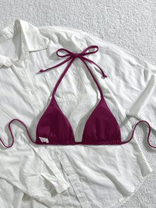 Oceva Women's Eyelet Decor Halter Tie Bikini Top, Suitable For Summer Vacation Beach Club Dark Purple Sexy - Red Violet - View 2