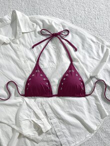 Oceva Women's Eyelet Decor Halter Tie Bikini Top, Suitable For Summer Vacation Beach Club Dark Purple Sexy - Red Violet - View 3