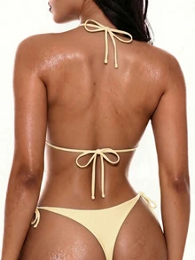 Oceva Atasan Bikini Halter Berhiaskan Manik-Manik untuk Liburan Pantai - Pearl White - View 3