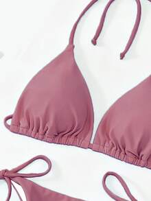 Oceva Solid Color Sexy Tropical Tie Bikini Two Pieces Swimwear Set Beach Honeymoonwear For Women Pink Summer - Dusty Pink - View 5