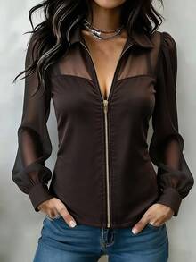 SHEIN Atasan Wanita Model Denim Patchwork Lengan Kelopak Jala Transparan Vintage Prancis, Jaket Pendek Slim Fit Berkerah dengan Resleting Depan yang Menawan - Coklat - View 3