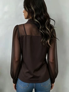 SHEIN Atasan Wanita Model Denim Patchwork Lengan Kelopak Jala Transparan Vintage Prancis, Jaket Pendek Slim Fit Berkerah dengan Resleting Depan yang Menawan - Coklat - View 2