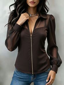 SHEIN Atasan Wanita Model Denim Patchwork Lengan Kelopak Jala Transparan Vintage Prancis, Jaket Pendek Slim Fit Berkerah dengan Resleting Depan yang Menawan - Coklat - View 4