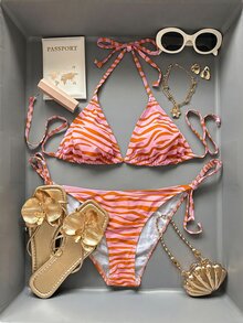 Oceva 女款夏季海灘斑馬紋性感比基尼泳衣套裝 - 玫紅色 - 查看 4