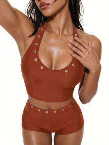 Oceva 2pcs Women's Tankini Swimwear Set With Fringe Trim Halter Neck Beach Party Brown Summer Sexy - Mocha Brown - View 6