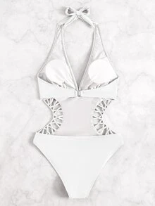 Oceva Halter Tie Solid Color Cutout Waist One-Piece Swimsuit For Women - White - View 3