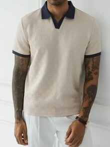 HUEFORM Men's Old Money Casual Patchwork Short Sleeve Regular Fit Polo Shirt, Suitable For Daily Wear,Suitable As A Father's Day Gift For My Husband. - Khaki - View 4