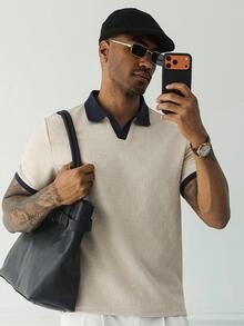 HUEFORM Men's Old Money Casual Patchwork Short Sleeve Regular Fit Polo Shirt, Suitable For Daily Wear,Suitable As A Father's Day Gift For My Husband. - Khaki - View 1