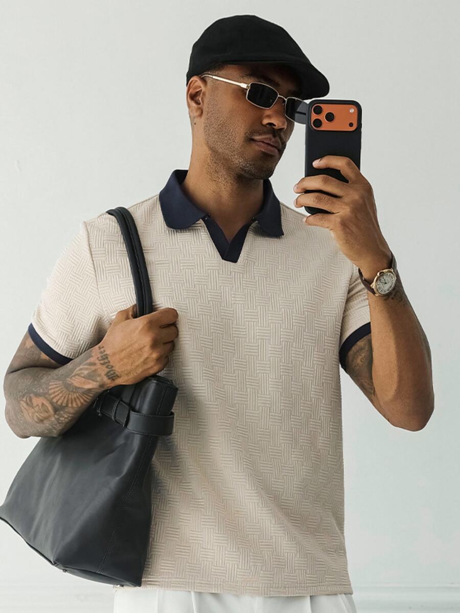 HUEFORM Men's Old Money Casual Patchwork Short Sleeve Regular Fit Polo Shirt, Suitable For Daily Wear,Suitable As A Father's Day Gift For My Husband. - Khaki - View 1