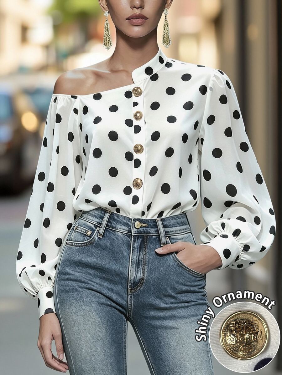 RosyDaze Plus Size White Background Black Polka Dot Asymmetric Neck Long Sleeve Blouse, Spring/Autumn French Vintage Style, Metal Button Design, Loose Fit, Flattering, Suitable For Dating, Streetwear, Commuting, Party - Multicolor - View 1