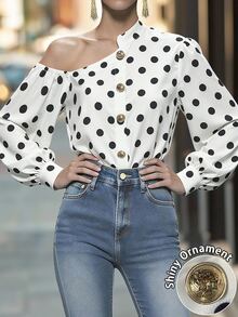 RosyDaze Plus Size White Background Black Polka Dot Asymmetric Neck Long Sleeve Blouse, Spring/Autumn French Vintage Style, Metal Button Design, Loose Fit, Flattering, Suitable For Dating, Streetwear, Commuting, Party - Multicolor - View 4