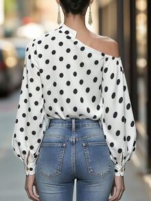 RosyDaze Plus Size White Background Black Polka Dot Asymmetric Neck Long Sleeve Blouse, Spring/Autumn French Vintage Style, Metal Button Design, Loose Fit, Flattering, Suitable For Dating, Streetwear, Commuting, Party - Multicolor - View 3