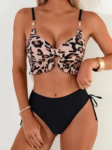 SHEIN Swim Women's Sexy Backless Swimwear Set With Ruffled Hem And Leopard Print, Suitable For Beach Vacation - Multicolor - View 6
